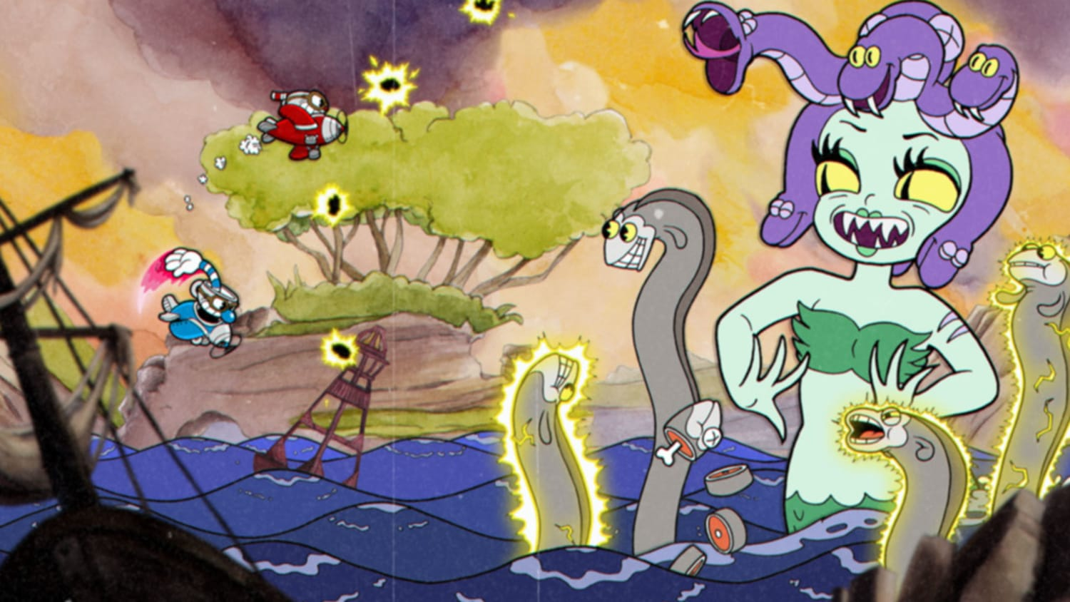 in an old-timey cartoon scene, two anthropomorphic cups pilot planes to confront a giant medusa who rises out of an ocean scene