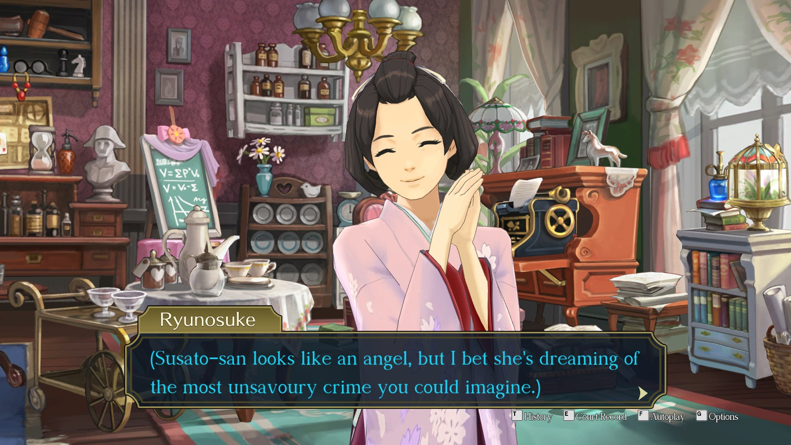 a japanese woman in a kimono is giving a happy look in a messy home. The dialog box at the bottom reads '(Susato-san looks like an angel, but I bet she's dreaming of the most unsavoury crime you could imagine.)'