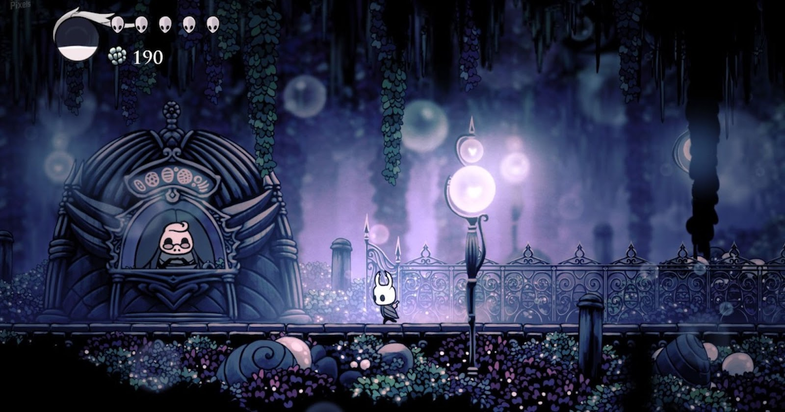 hal knight, protagonist of hollow knight, walks through a subterranean garden towards what looks like hr giger designed an information booth at a zoo