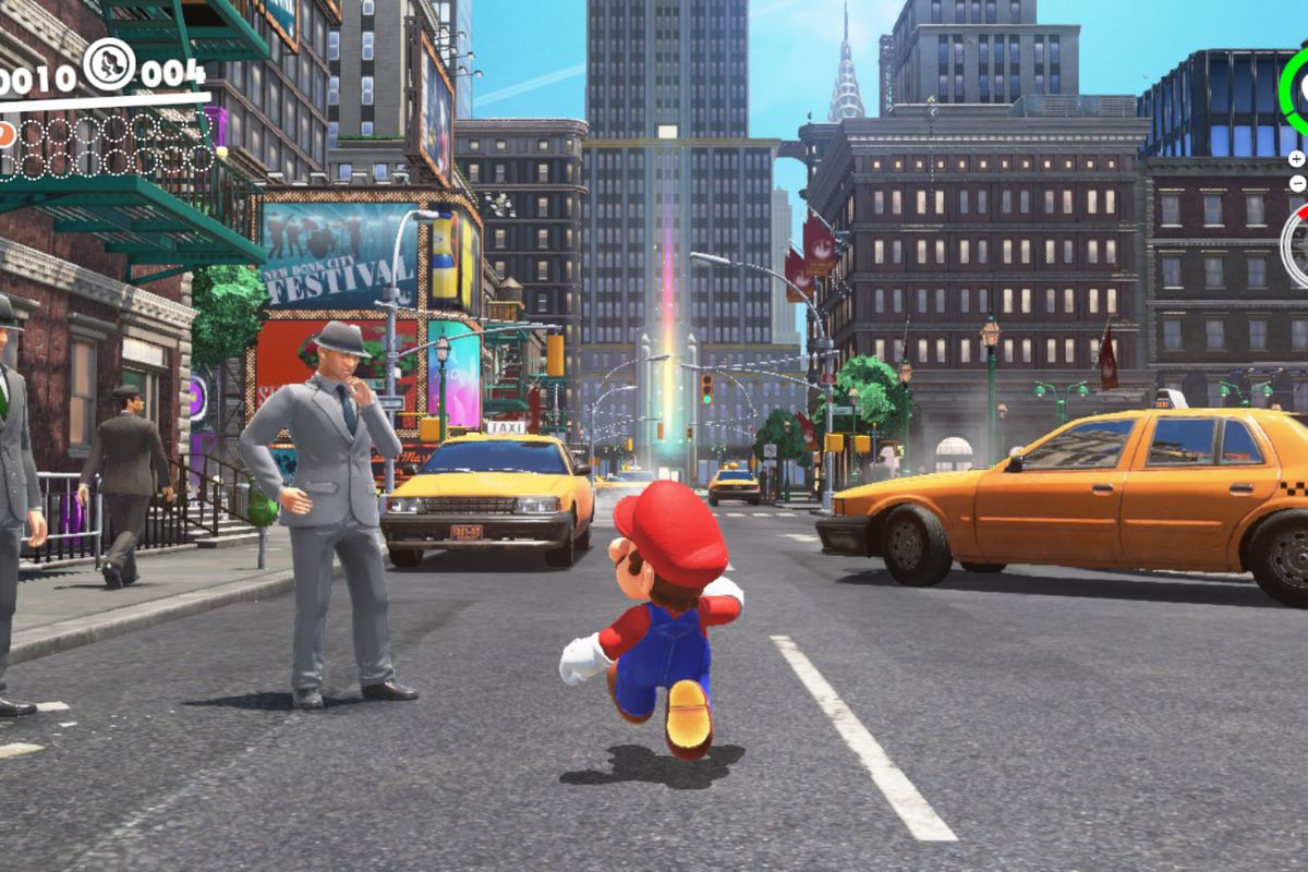 Mario strutting down the middle of the road in New Donk City as a businessman ponders him