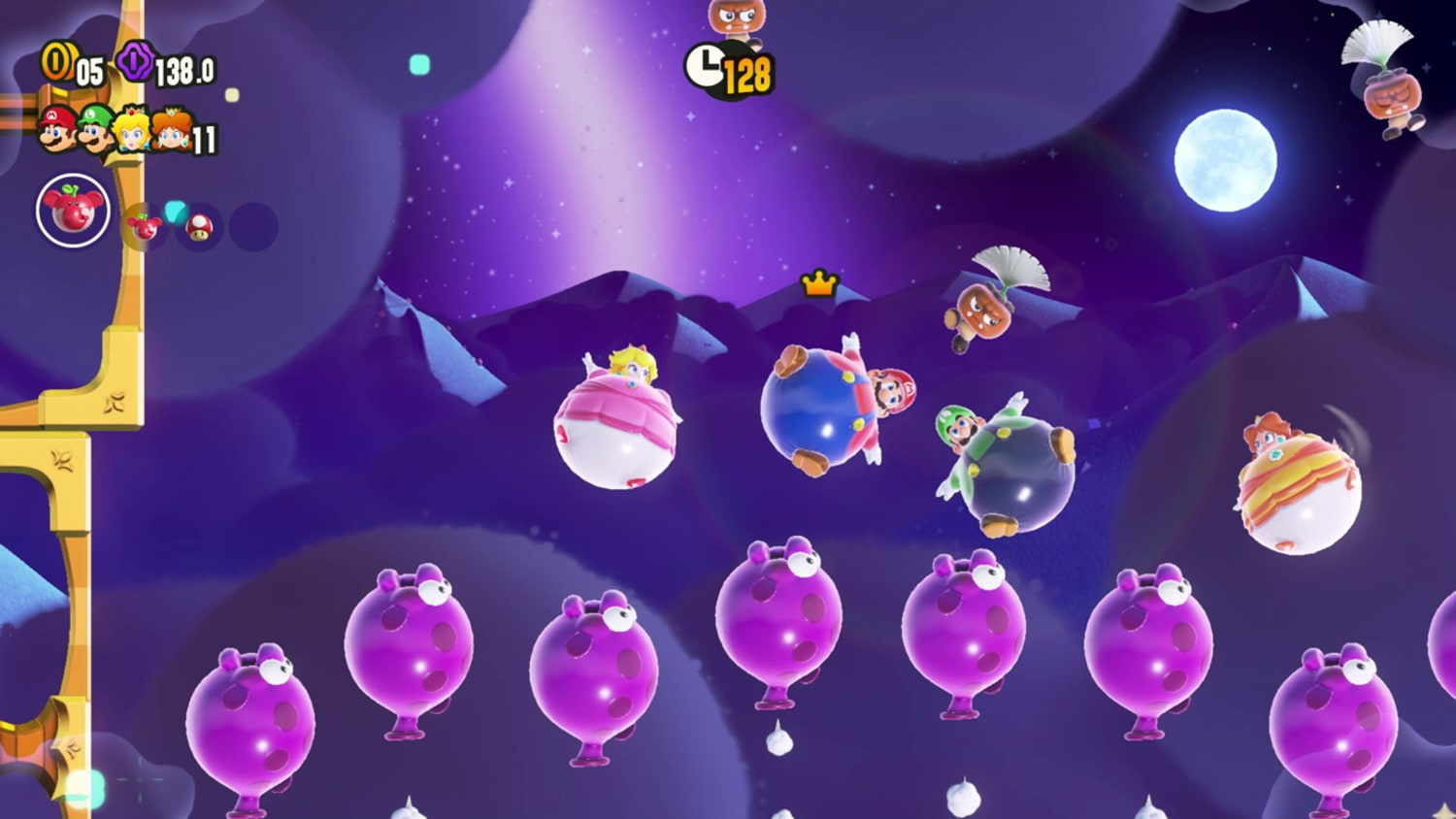 inflated versions of Peach, Mario, Luigi, and Daisy float in front of a night sky, below some falling dandelion-headed goombas and above some inflated purple fish