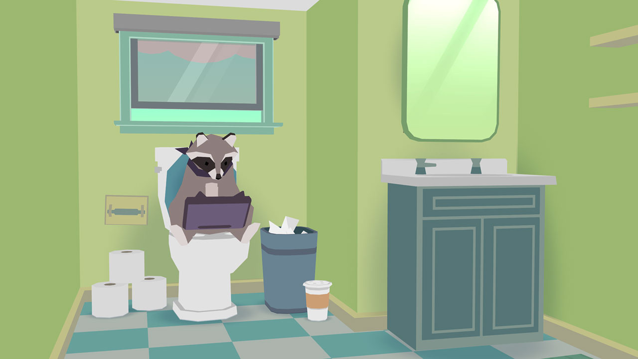 BK the raccoon sits on the toilet while he fiddles with his quadcopter's controller