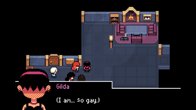 the game's whole crew stands in Gilda's bedroom while a dialog box superimposed over them has Gilda looking mortified and saying '(I am... so gay..)'