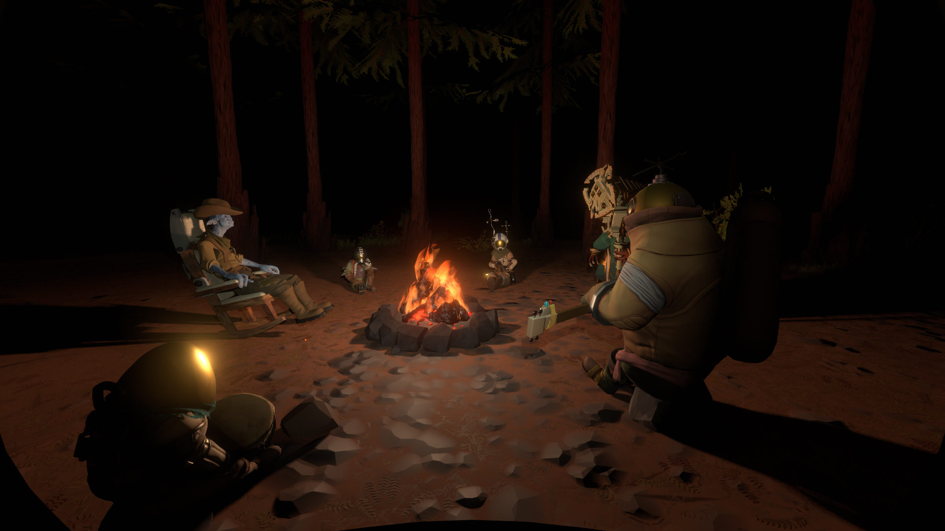 everyone sitting around the campfire from a particular sequence in the game