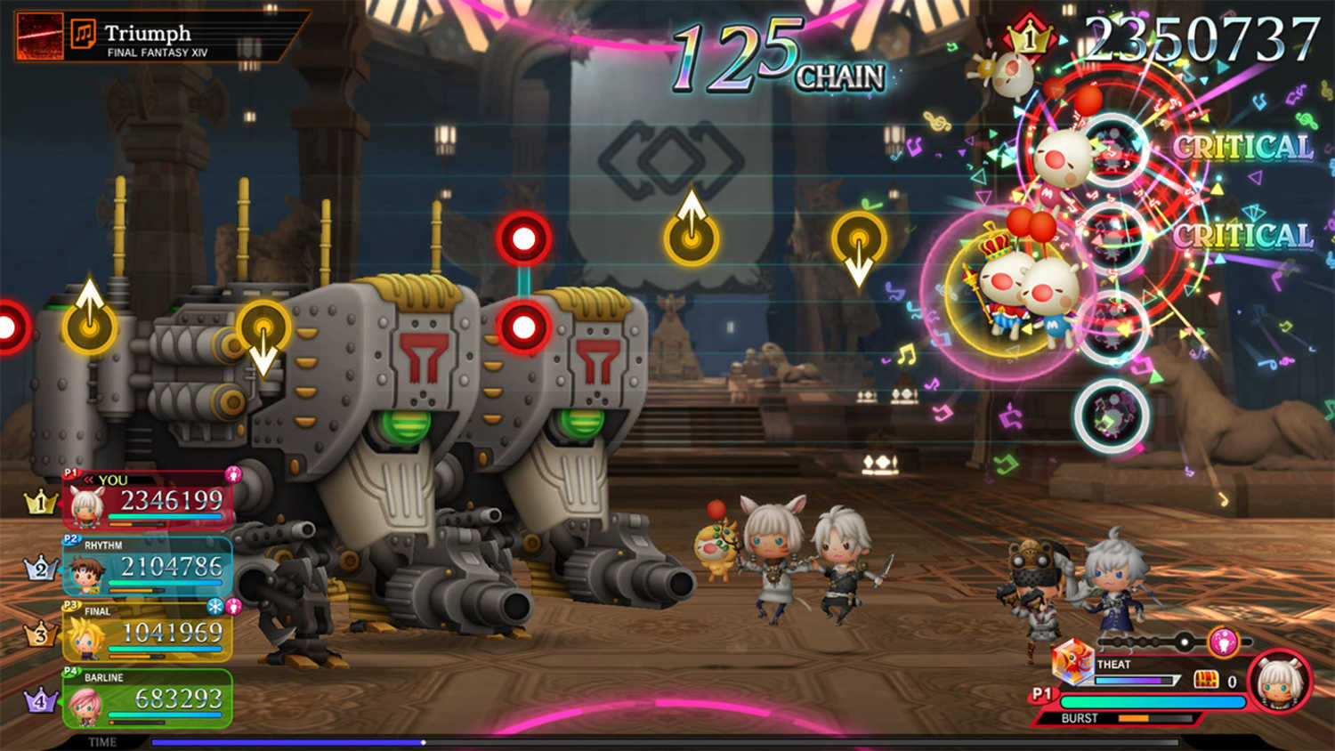 a chaotic scene in a rhythm game where inputs are displayed over an animated background showing cartoonish characters from Final Fantasy XIV fighting cartoonish Garlean mechs